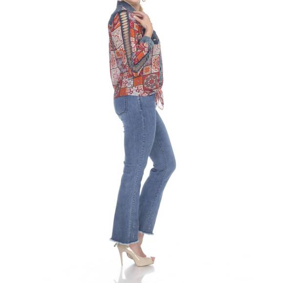 NEW AZI multi colored tie front denim chiffon blouse with lattice sleeve in red - Picture 2 of 3